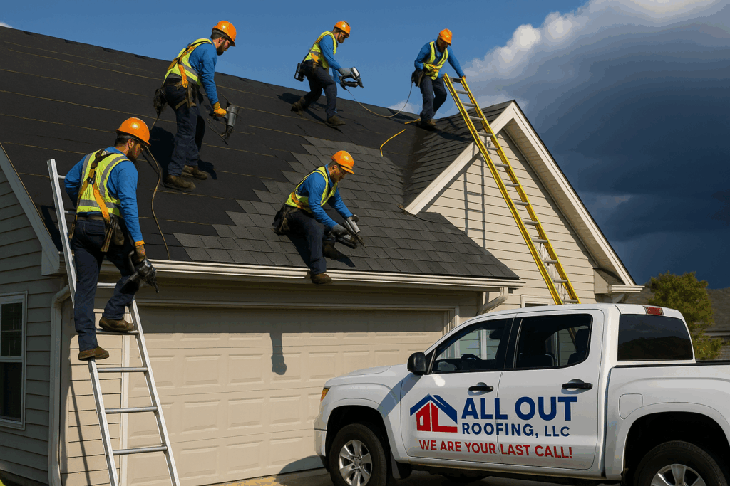 All Out Roofing crew installing asphalt shingles on a steep Texas roof, showcasing professional roof replacement, quality roofing labor, and branded contractor service during a high-cost roofing project.