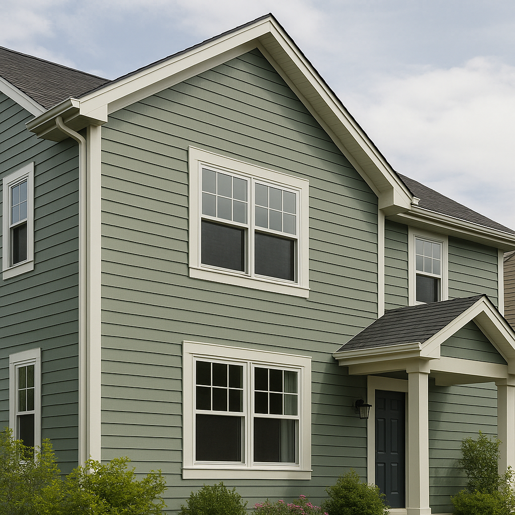 A modern two-story home featuring freshly installed sage green vinyl siding with white trim and a dark gray shingle roof, showcasing clean lines and a well-maintained exterior.