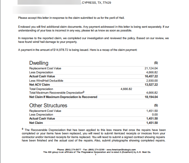 Roof Insurance example of an RCV Insurance policy in Katy, Texas