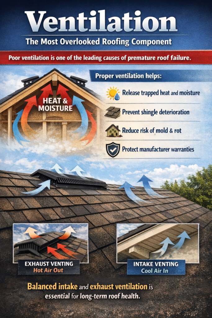 Roofing Ventilation is the most overlooked roofing component. Call all out roofing to test if your home has balanced intake and exhaust ventilation in Katy and the greater Houston area.
