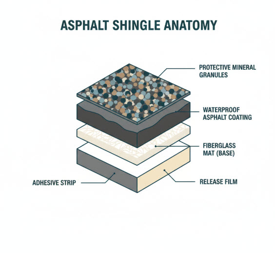 5 parts of a shingle, protective mineral granules, waterproof asphalt coating fiberglass mat Base, Release film, and Adhesive Strip