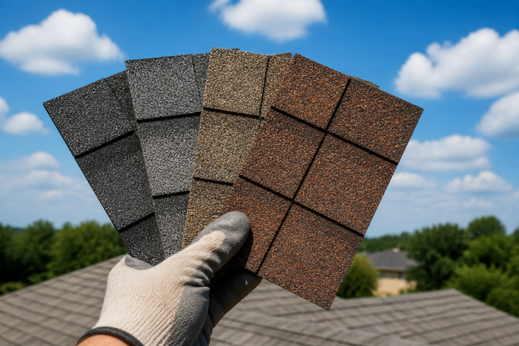 Roofer comparing asphalt shingle color samples for heat performance in Texas