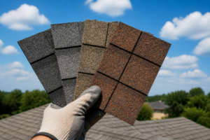 Roofer comparing asphalt shingle color samples for heat performance in Texas