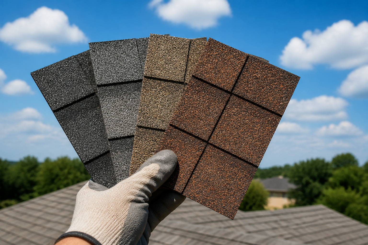 Roofer comparing asphalt shingle color samples for heat performance in Texas