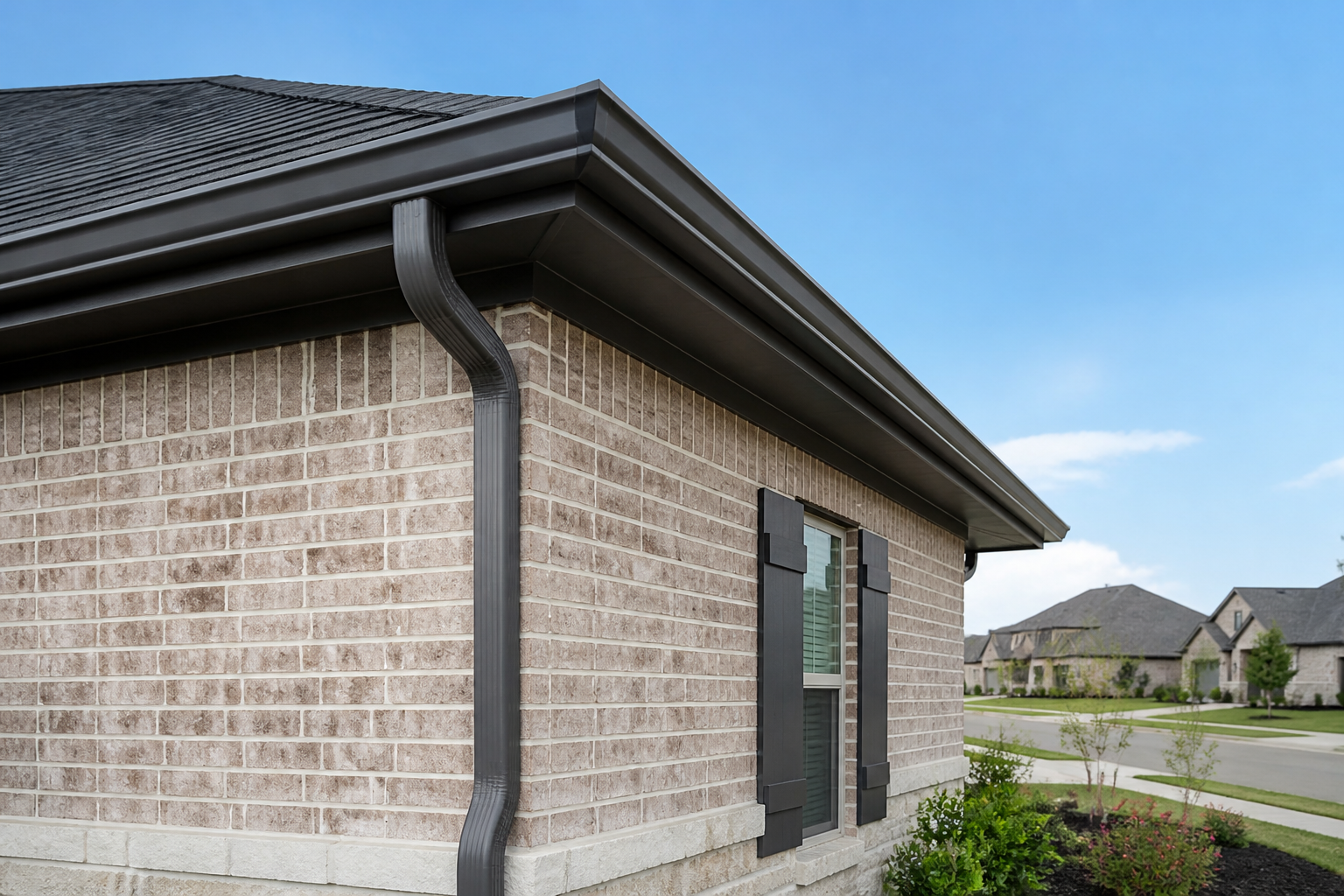 Seamless gutters installed on a home in Fulshear, TX by All Out Roofing