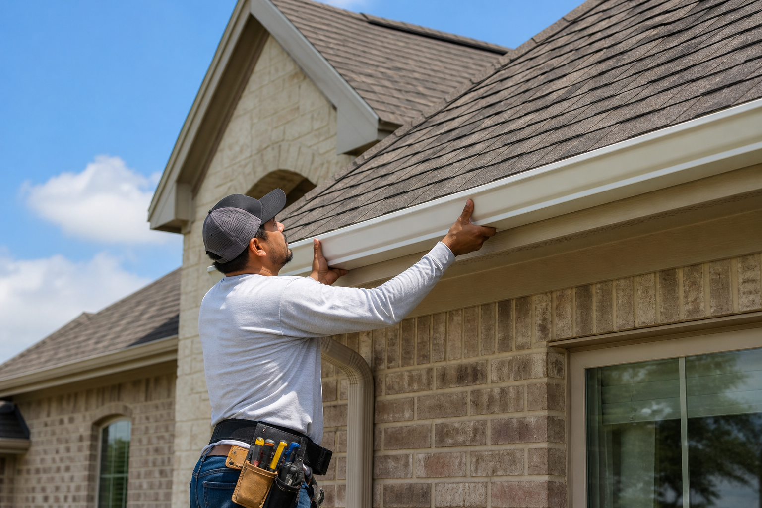 New seamless gutter being installed on a home in Katy, TX by All Out Roofing