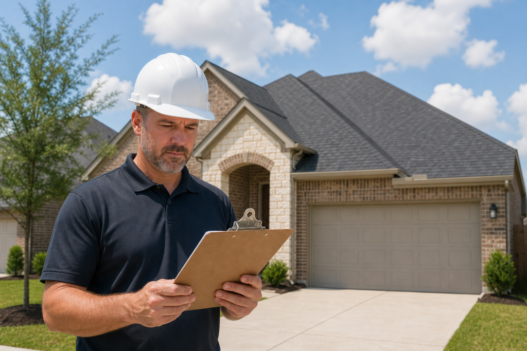 Roofing contractor reviewing a building permit for a roof replacement in Katy, TX