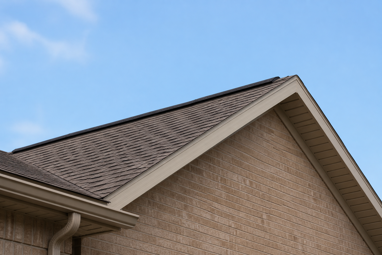 Ridge vent and soffit vents on a Texas home roof for attic ventilation code compliance