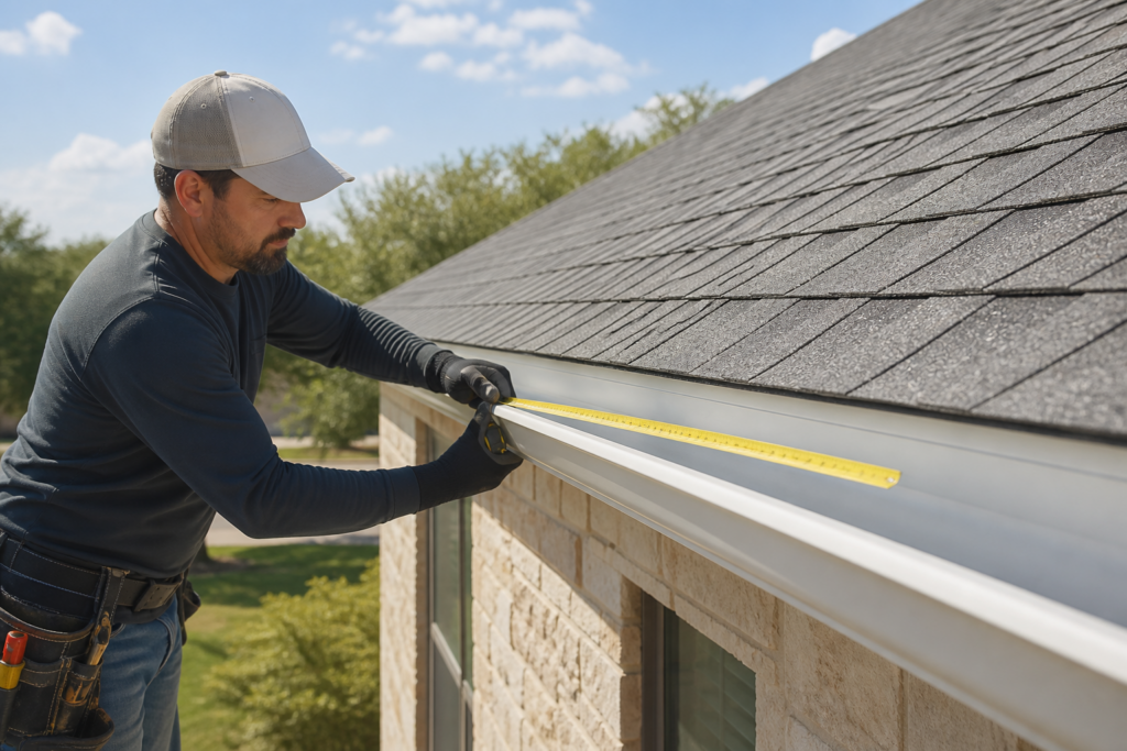 Contractor measuring a seamless gutter for a cost estimate on a Texas home