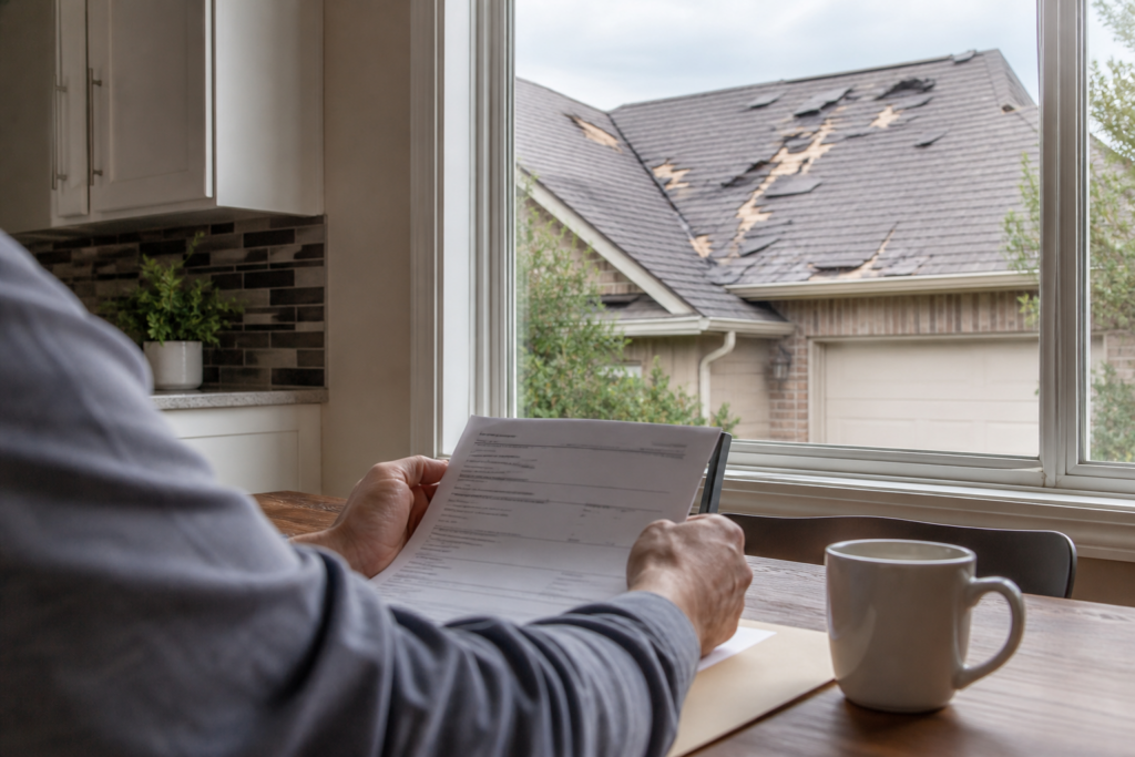 Homeowner reviewing insurance deductible policy documents with damaged roof visible, Texas