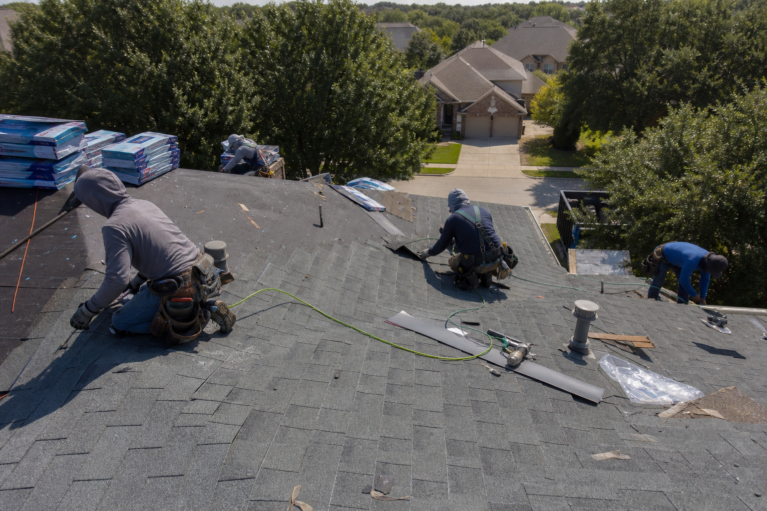 Roof replacement crew from All Out Roofing working in Tomball, TX