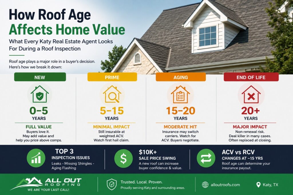Roof age home value timeline for Katy homes - new, prime, aging, and end-of-life brackets