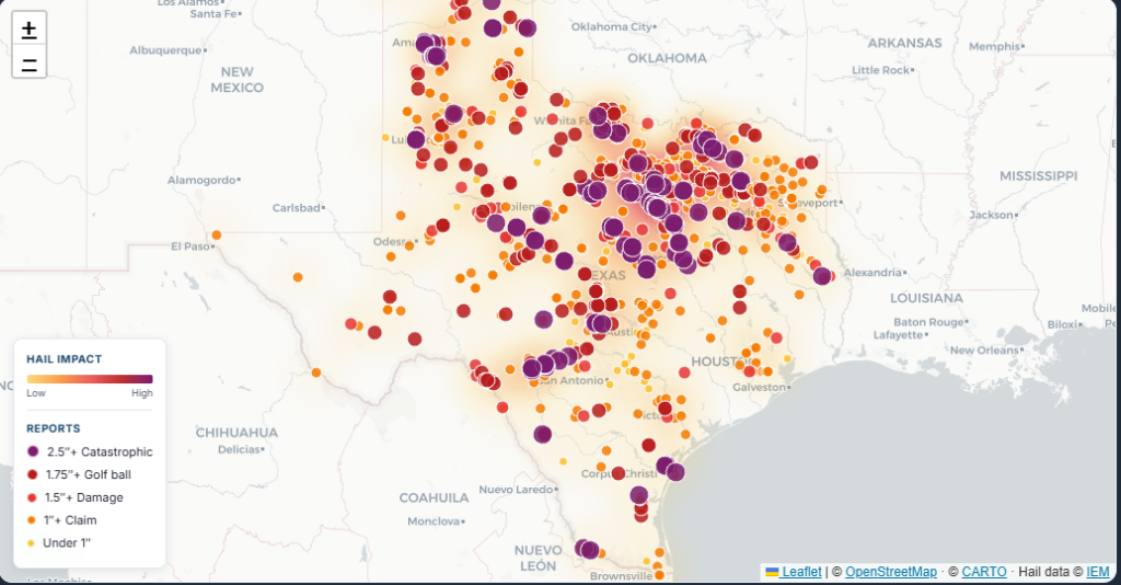 Texas hail map showing recent hailstorms across the state