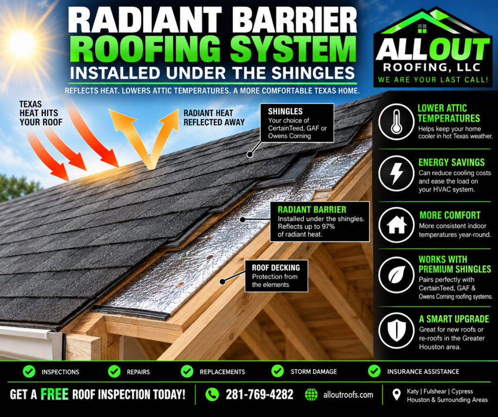 All Out Roofing radiant barrier roofing system showing reflective radiant barrier installed beneath asphalt shingles to reflect Texas heat, lower attic temperatures, improve energy efficiency, and increase home comfort.