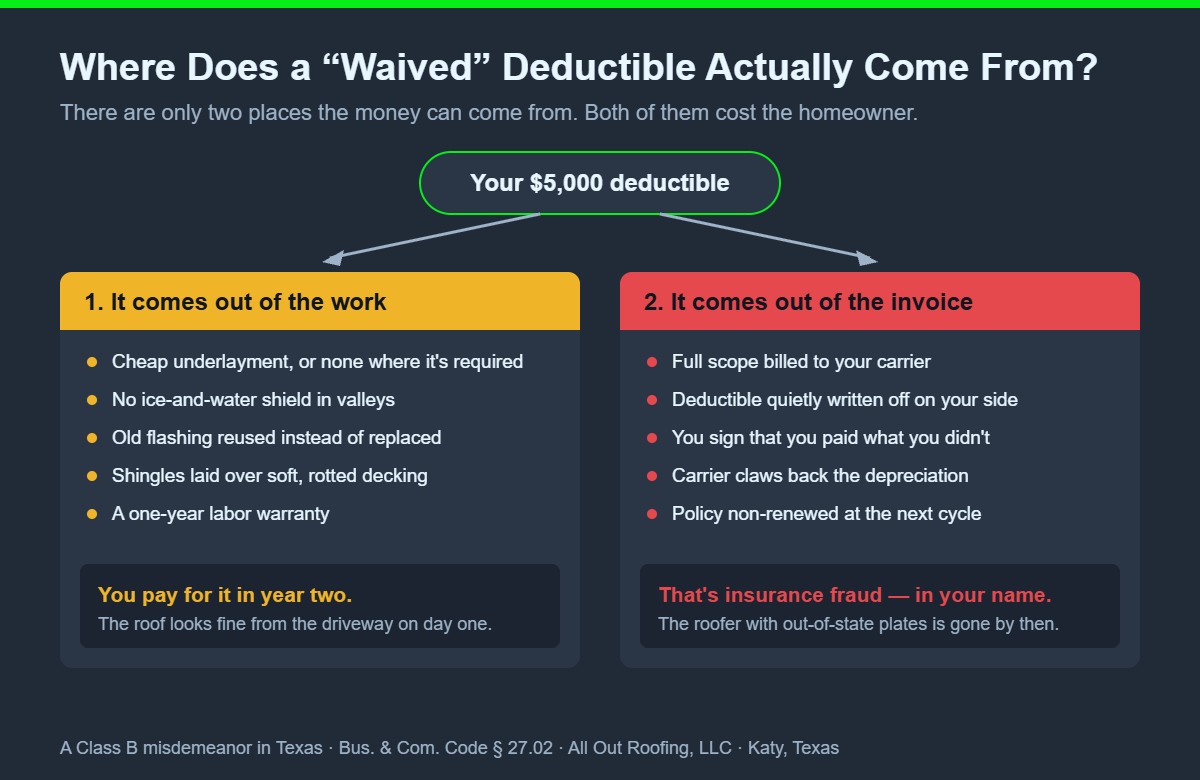 Diagram answering can a roofer waive my deductible in Texas, showing the money comes out of either the work or the invoice