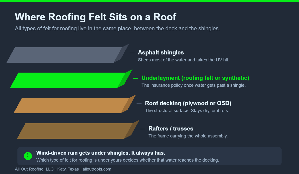 Diagram showing where the types of felt for roofing sit between the roof decking and the asphalt shingles